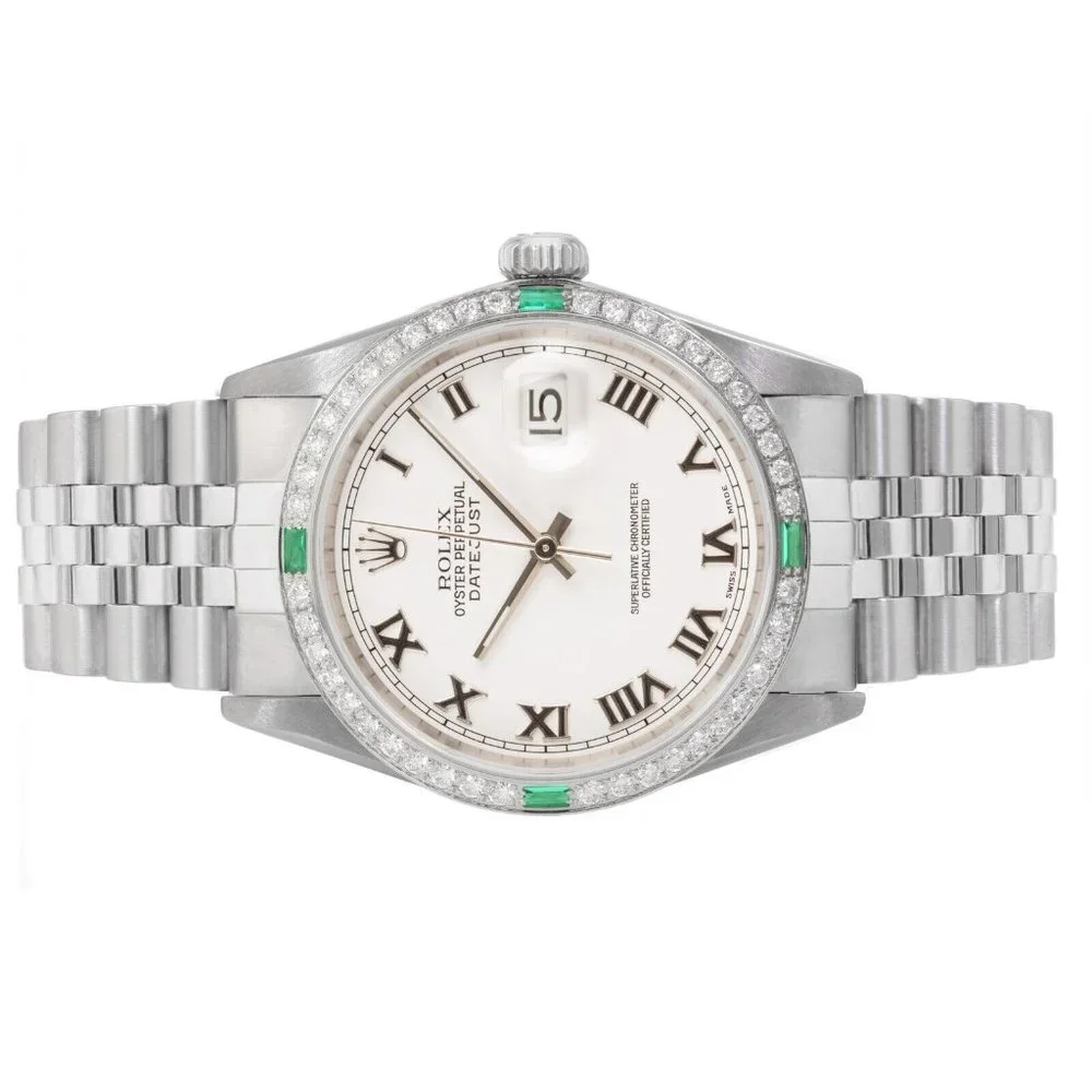 ROLEX DATEJUST WHITE ROMAN NUMERAL DIAL DIAMOND-EMERALD JUBILEE WATCH 36MM 16014 - Picture 4 of 6